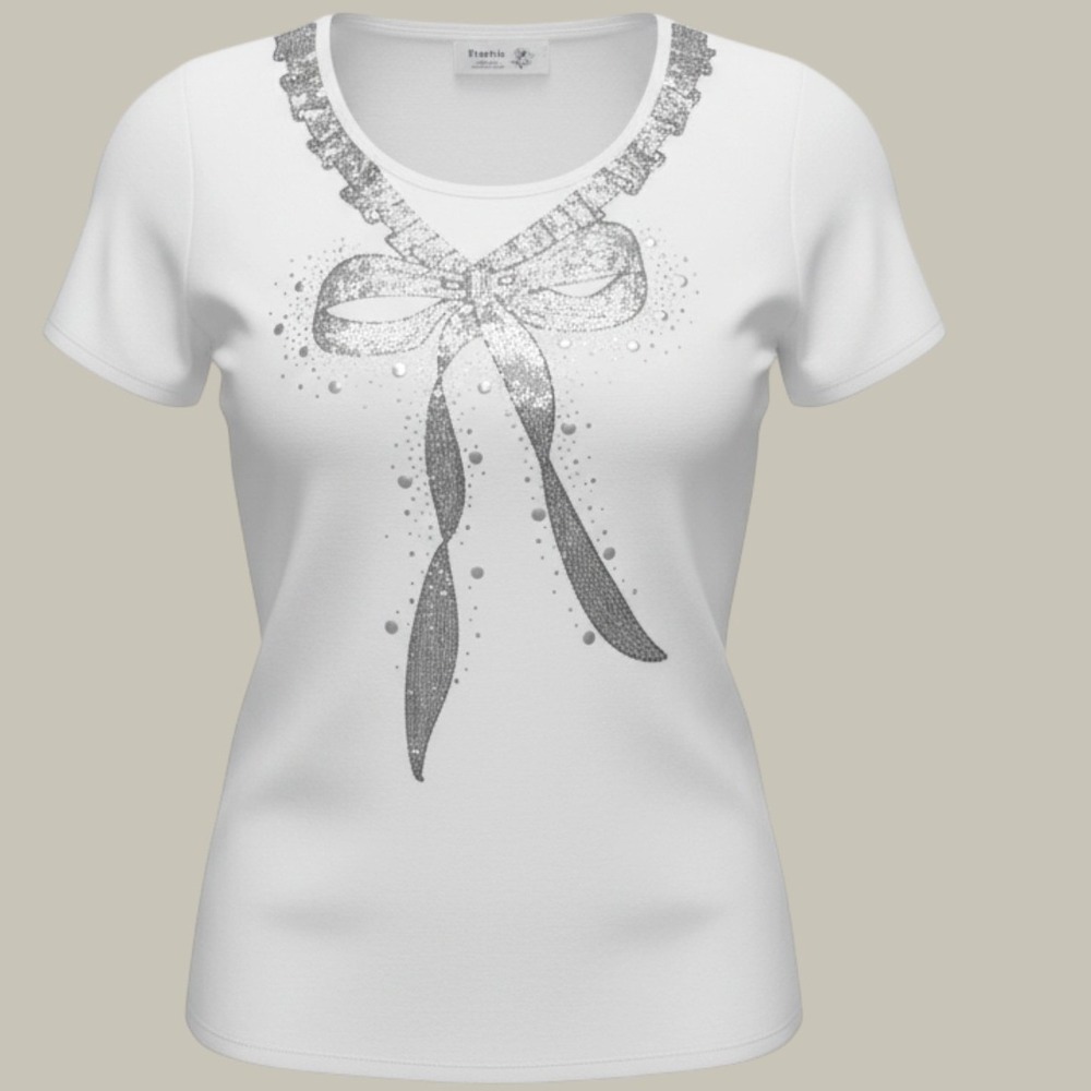 Damia by Garden White Sequin Bow Rhinestone Short Sleeve T-Shirt Korea